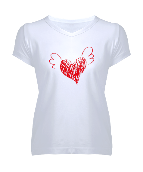 Tisho - uçan kalp baskılı tişört Kadın V Yaka Tişört