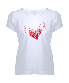 uçan kalp baskılı tişört Kadın V Yaka Tişört - Tisho