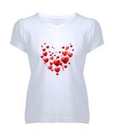 UÇUŞAN KALPLER Beyaz Kadın V Yaka Tişört - Tisho