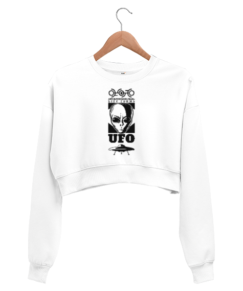 Tisho - Ufo - Alien - Uzaylı Beyaz Kadın Crop Sweatshirt