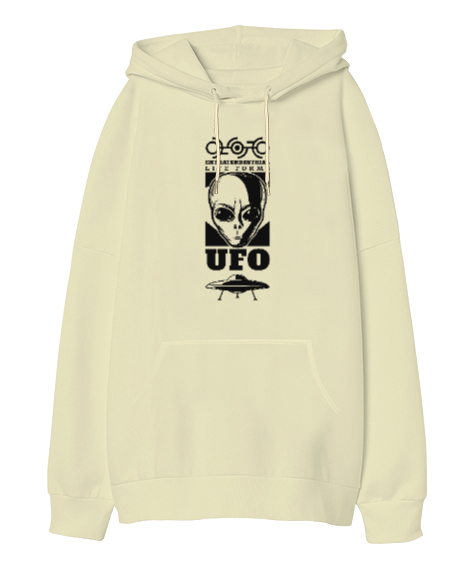 Tisho - Ufo - Alien - Uzaylı Krem Oversize Unisex Kapüşonlu Sweatshirt