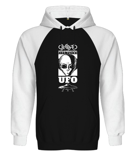 Tisho - Ufo - Alien - Uzaylı Siyah/Beyaz Orjinal Reglan Hoodie Unisex Sweatshirt