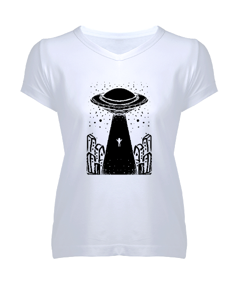 Tisho - Ufo ve Uzaylılar Beyaz Kadın V Yaka Tişört