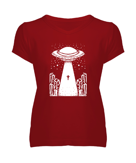 Tisho - Ufo ve Uzaylılar Kırmızı Kadın V Yaka Tişört