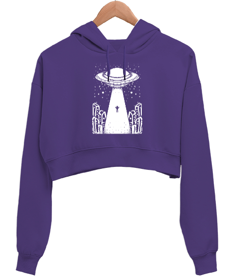 Tisho - Ufo ve Uzaylılar Mor Kadın Crop Hoodie Kapüşonlu Sweatshirt