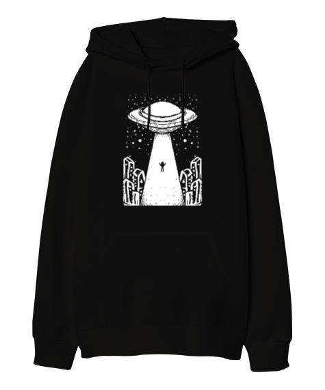 Tisho - Ufo ve Uzaylılar Siyah Oversize Unisex Kapüşonlu Sweatshirt
