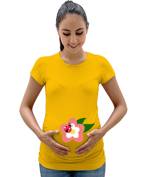 Tisho - Uğurböceği ve çiçek Sarı Kadın Hamile Tişört