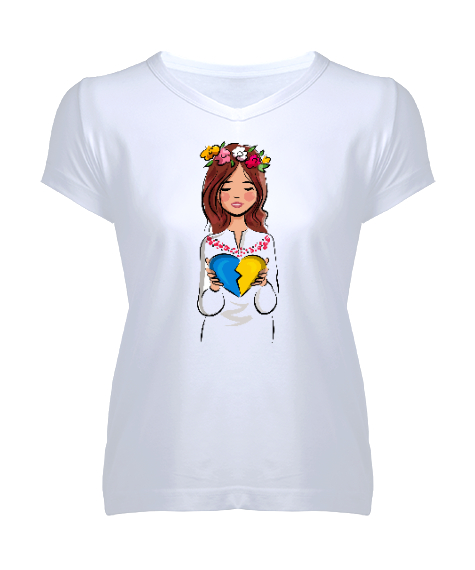 Tisho - Ukrayna - Ukraine Heart Woman Beyaz Kadın V Yaka Tişört