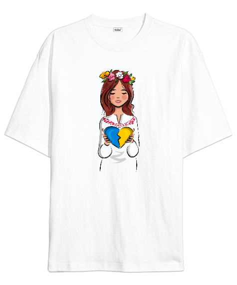 Tisho - Ukrayna - Ukraine Heart Woman Beyaz Oversize Unisex Tişört