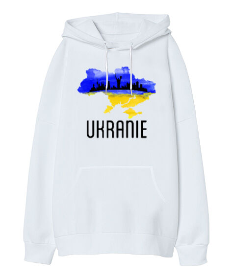 Tisho - Ukrayna - Ukranie Blu V3 Beyaz Oversize Unisex Kapüşonlu Sweatshirt