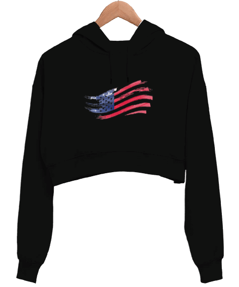 Tisho - USA Bayrak Baskılı Kadın Crop Hoodie Kapüşonlu Sweatshirt