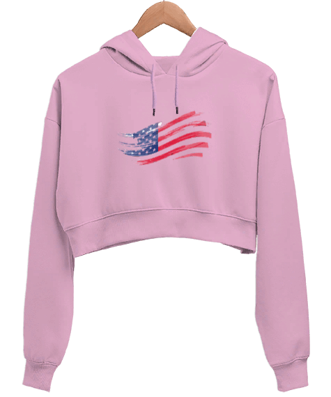 Tisho - USA Bayrak Baskılı Kadın Crop Hoodie Kapüşonlu Sweatshirt