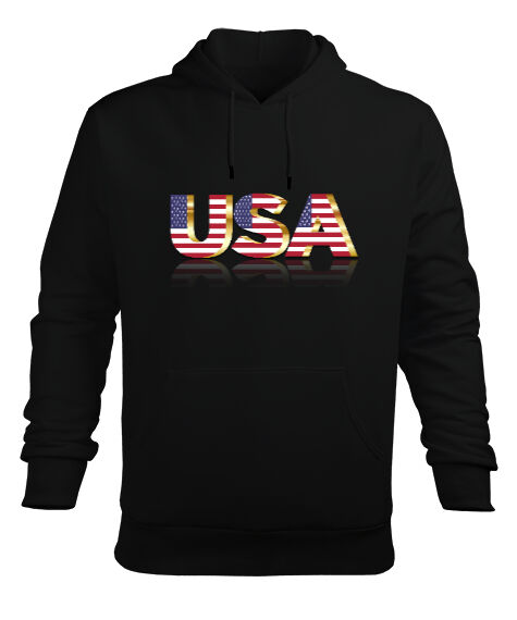 Tisho - Usa Siyah Erkek Kapüşonlu Hoodie Sweatshirt