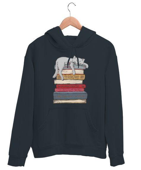 Tisho - Uykucu Kitap Kurdu Sevimli Kedi Hayvan Füme Unisex Kapşonlu Sweatshirt