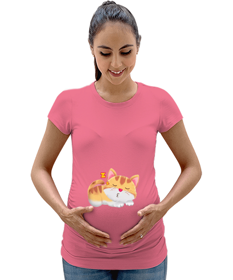 Tisho - Uykuya dalmış sevimli kedi baskılı Pembe Kadın Hamile Tişört