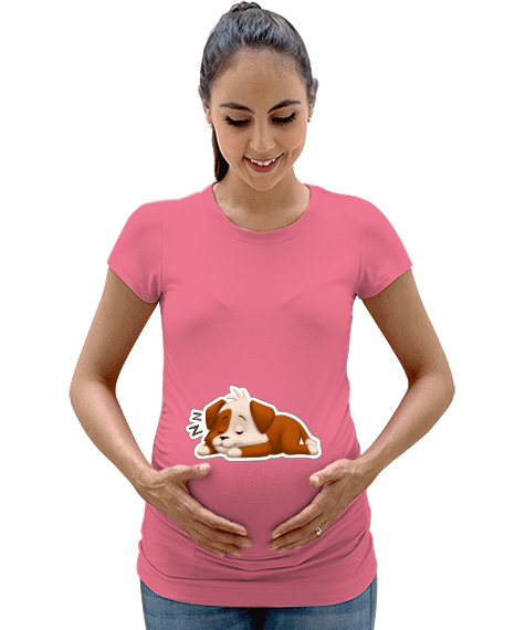 Tisho - Uykuya dalmış sevimli köpek baskılı Pembe Kadın Hamile Tişört