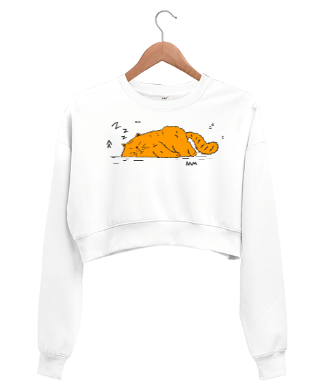 Tisho - Uyuyan Kedi Temalı Kadın Crop Sweatshirt