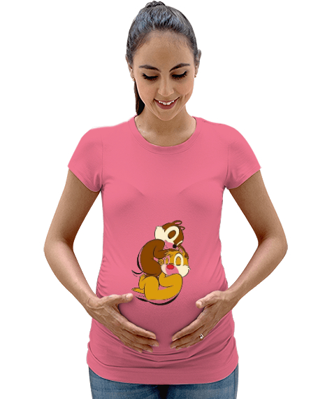 Tisho - Uyuyan sevimli sincaplar Pembe Kadın Hamile Tişört