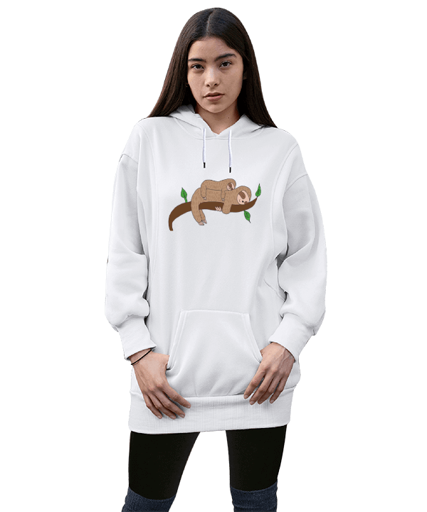 Tisho - Uyuyan Tembel Hayvanlar Kadın Uzun Hoodie Kapüşonlu Sweatshirt