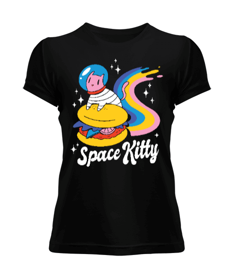 Tisho - Uzay Kedisi Hamburger Mekiği Üstünde Kadın Tişört