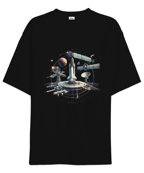 Tisho - Uzay Temalı Baskılı Siyah Oversize Unisex Tişört