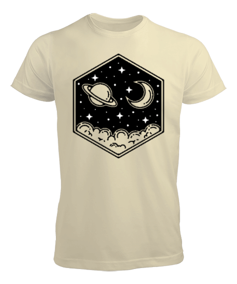 Uzay ve Ay, Özel Çizim Altıgen Minimal Tasarım Erkek Tişört