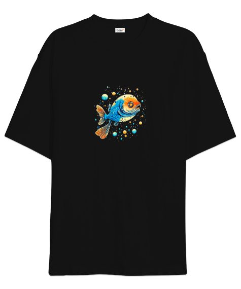 Tisho - Uzayda Balık Siyah Oversize Unisex Tişört