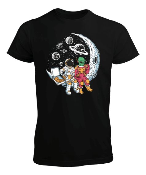 Tisho - Uzaylı ve Astronot Ayda Pizza Keyfi Erkek Tişört