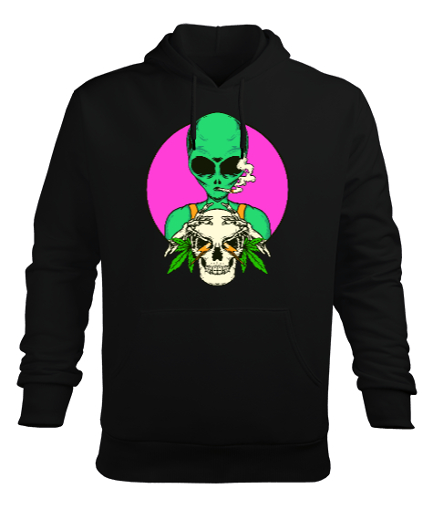 Tisho - Uzaylı ve iskelet temalı marjinal tasarım Siyah Erkek Kapüşonlu Hoodie Sweatshirt