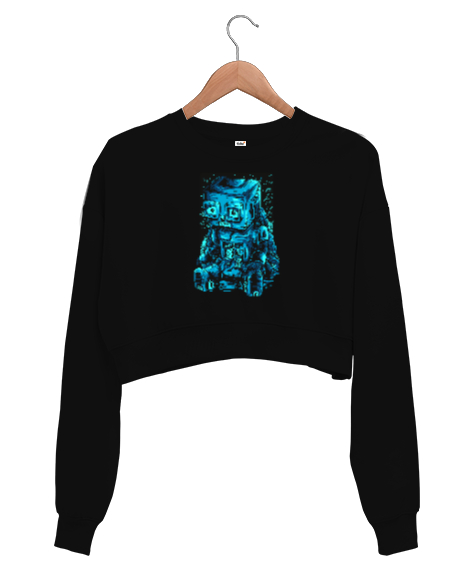 Tisho - Üzgün Robot Siyah Kadın Crop Sweatshirt