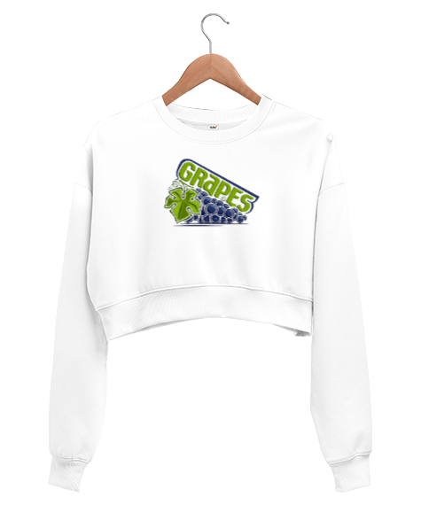 Tisho - Üzüm baskılı Beyaz Kadın Crop Sweatshirt