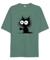 Uzun Tüylü Salaş Kahve İçen Kedi - Cat Çağla Yeşili Oversize Unisex Tişört - Tisho