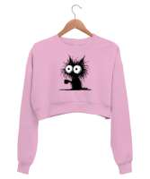 Uzun Tüylü Salaş Kahve İçen Kedi - Cat Pembe Kadın Crop Sweatshirt - Tisho