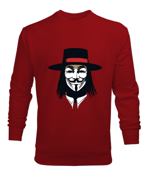 Tisho - V for Vendetta Önü ve Arkası Baskılı Kırmızı Erkek Sweatshirt