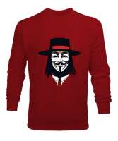 V for Vendetta Önü ve Arkası Baskılı Kırmızı Erkek Sweatshirt - Thumbnail