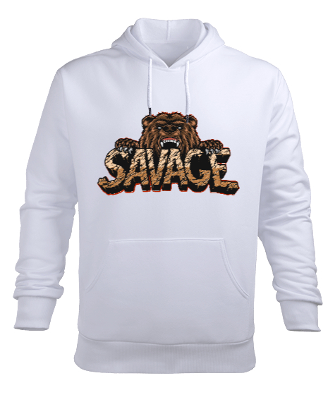 Tisho - Vahşi Yabani Güçlü Ayı Savage Beyaz Erkek Kapüşonlu Hoodie Sweatshirt