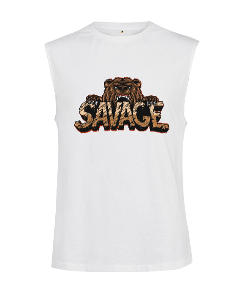 Tisho - Vahşi Yabani Güçlü Ayı Savage Beyaz Kesik Kol Unisex Tişört