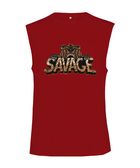 Tisho - Vahşi Yabani Güçlü Ayı Savage Kırmızı Kesik Kol Unisex Tişört