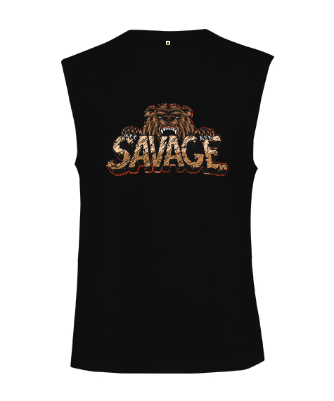 Tisho - Vahşi Yabani Güçlü Ayı Savage Siyah Kesik Kol Unisex Tişört