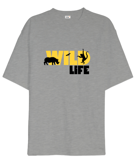 Tisho - Vahşi Yaşam Gergedan ve Maymun Özel Tasarım Gri Oversize Unisex Tişört