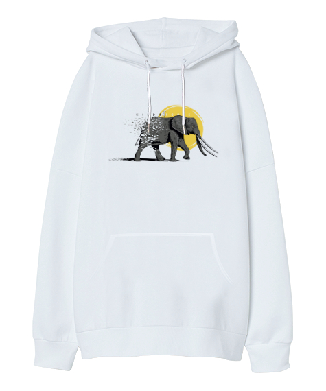 Tisho - Vahşi Yaşam - Wild Elephant Beyaz Oversize Unisex Kapüşonlu Sweatshirt