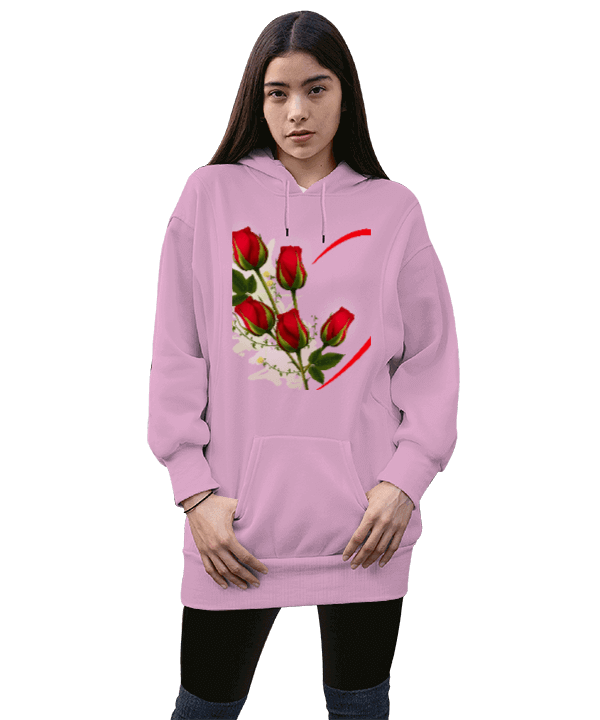 Tisho - Valentines Day ros ros love Kadın Uzun Hoodie Kapüşonlu Sweatshirt