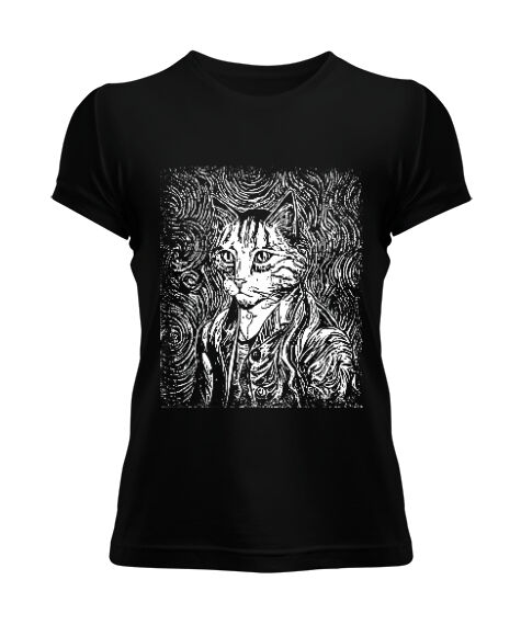 Tisho - Van Gogh Vintage Starry Night Cat Tasarımı Baskılı Siyah Kadın Tişört