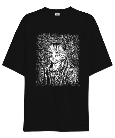 Tisho - Van Gogh Vintage Starry Night Cat Tasarımı Baskılı Siyah Oversize Unisex Tişört