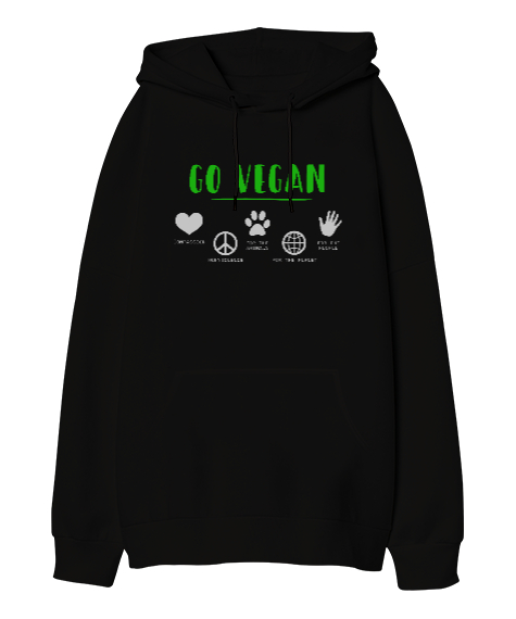 Tisho - Vegan - Vejeteryan Siyah Oversize Unisex Kapüşonlu Sweatshirt