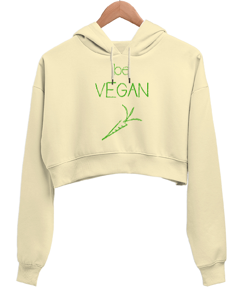 Tisho - Vegan - Vejeteryan V3 Krem Kadın Crop Hoodie Kapüşonlu Sweatshirt
