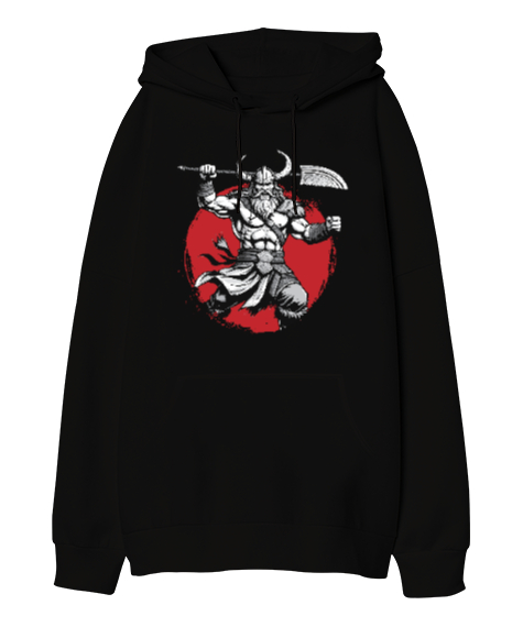 Tisho - Viking Savaşçı Siyah Oversize Unisex Kapüşonlu Sweatshirt