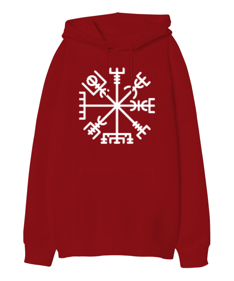 Tisho - Viking Sembol Kırmızı Oversize Unisex Kapüşonlu Sweatshirt