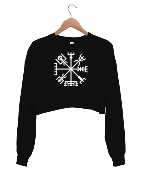 Tisho - Viking Sembol Siyah Kadın Crop Sweatshirt