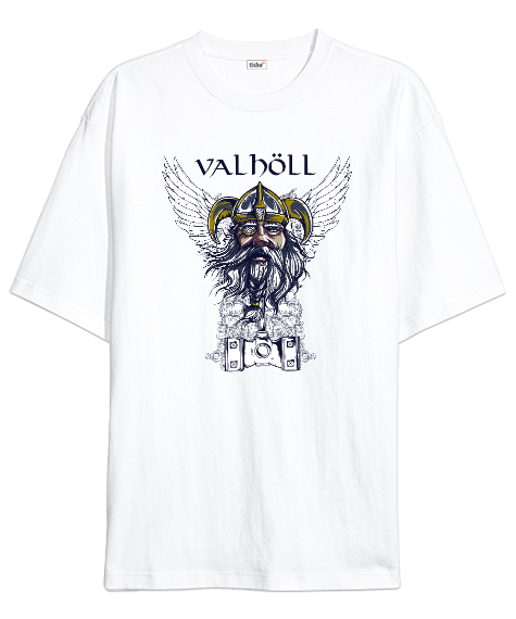 Tisho - Viking Valhöll - Savaşçı Beyaz Oversize Unisex Tişört